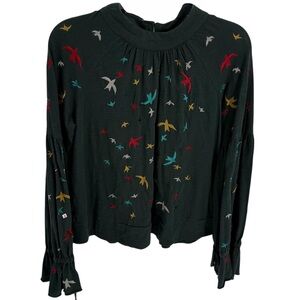 Ranna Gill Blouse Womens Size XS Bird Embroidered Long Sleeve Top Green